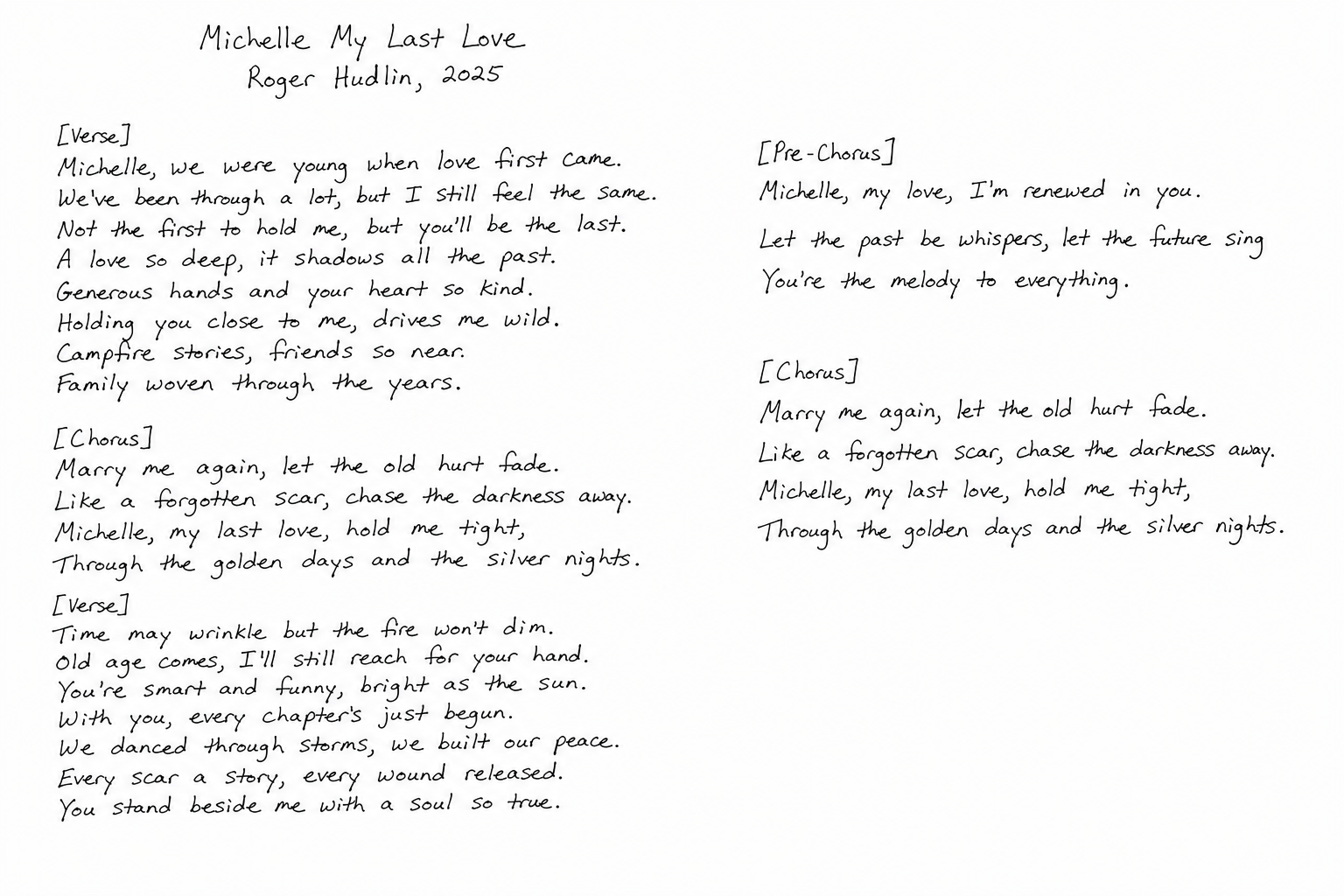 Handwritten lyrics for Michelle My Last Love